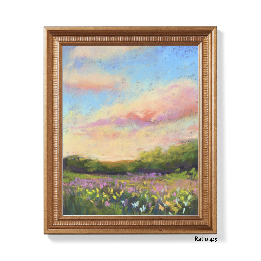 Flower Field and Cotton Sky Vertical Soft Pastel Giclée Art Print