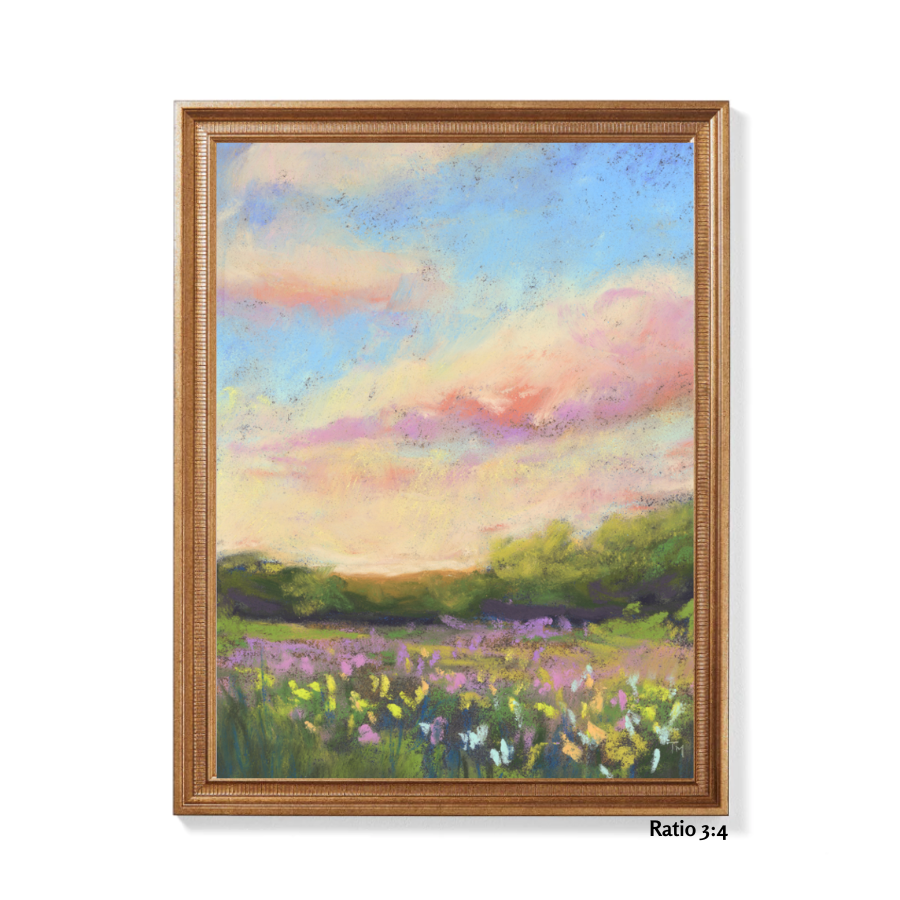 Flower Field and Cotton Sky Vertical Soft Pastel Giclée Art Print