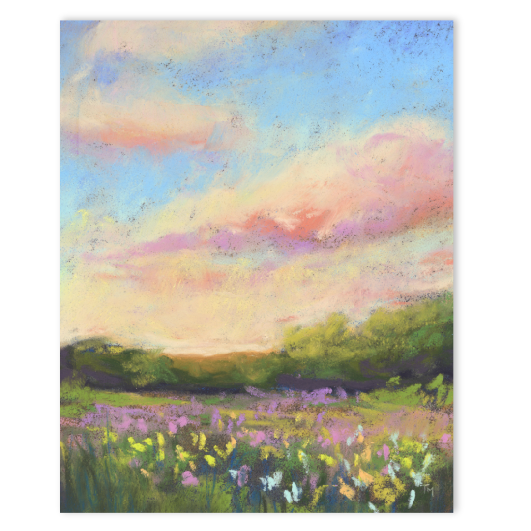 Flower Field and Cotton Sky Vertical Soft Pastel Giclée Art Print