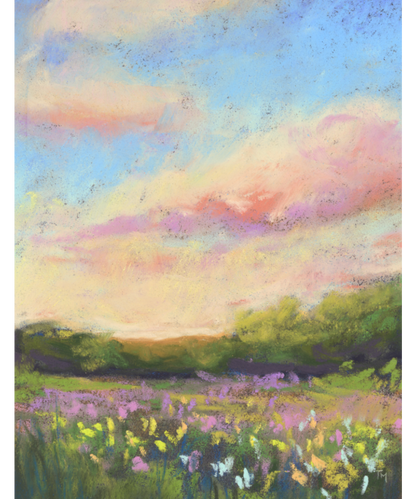 Flower Field and Cotton Sky Vertical Soft Pastel Giclée Art Print